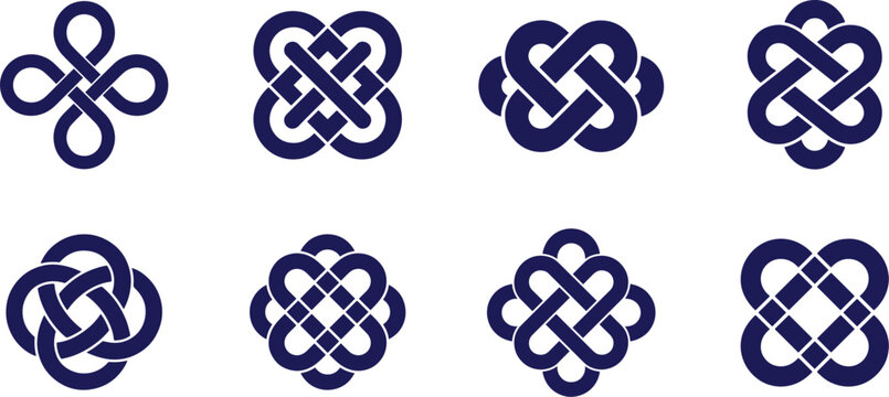 Collection of various symmetrical tribal knot blue color icon with filled interlocking loops around the edges vector illustration for logo.