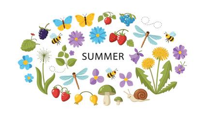 A bright and cheerful collection of summer-themed elements arranged around the word 'SUMMER', including flowers, berries, and insects.