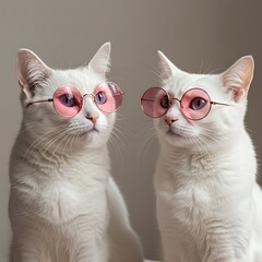Whimsical Pair: White Cats in Pink Shades, Soft Light Portrait