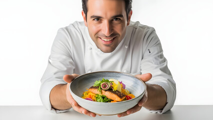 Chef proudly presents a beautifully plated salmon dish with vibrant vegetables, showcasing culinary expertise and fresh ingredients