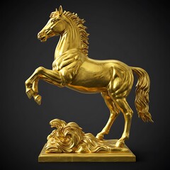 Golden Horse Statue: Exquisite 3D Render with Rich Textures and Dramatic Lighting