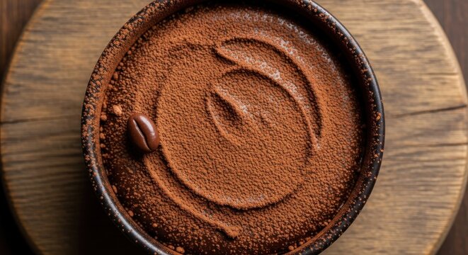 Rich chocolate dessert dusted with cocoa powder rests on a wooden surface.