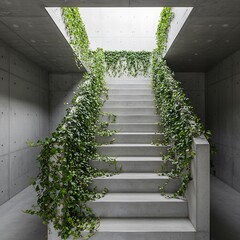 Ivy-Clad Ascent: Concrete Stairs to Skylight, Serene Architectural Photography