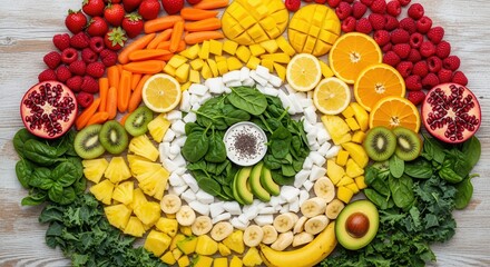 Arrangement of colorful, fresh fruits and vegetables forms a vibrant spectrum on a light wooden surface