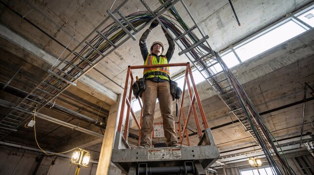 Woman works overhead on building electrical infrastructure. Upward perspective of installation work. Construction trades photography.