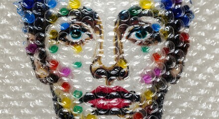 Vibrant beaded mosaic portrait of a woman's face with colorful beads on a white background artistic expression and creativity