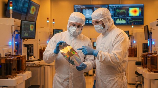 Engineers wearing cleanroom suits inspecting silicon wafer in semiconductor factory,discussing manufacturing process with advanced equipment and high-tech monitors in a microchip production facility