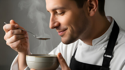 A chef savoring a spoonful of hot, aromatic soup, enjoying the delicious aroma and taste of his culinary creation