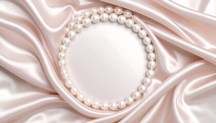 Elegant circular pearl necklace on soft pink satin fabric, with blank center