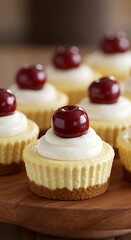 Mini Cherry Cheesecakes: Sweet Treat, Golden Crust, Close-Up Food Photography