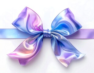 Elegant close-up of a silk ribbon bow in shades of blue, purple, and pink on a white backdrop
