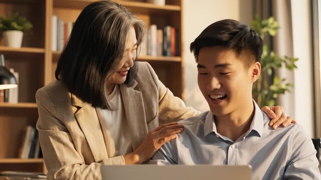 Mature Businesswoman Comforting Young Man Working on Laptop