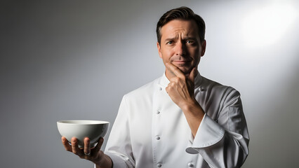Culinary professional in chef's uniform holds a bowl, contemplating a recipe with a thoughtful expression