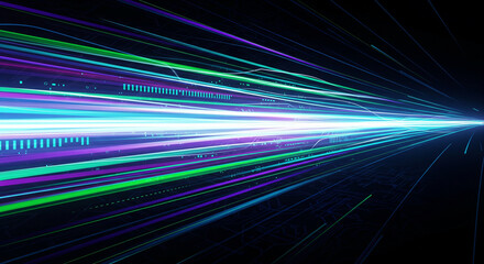 Vibrant neon light trails speeding through dark space with purple green blue hues