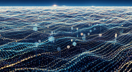 Stunning digital landscape with glowing blue and gold data points