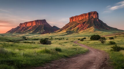 Scenic Landscape Featuring Two Large Mesa Formations Bathed in Warm Sunset Light with a Winding Dirt Path Leading Through a Lush Green Meadow Filled with Wildflowers and Scattered Bushes