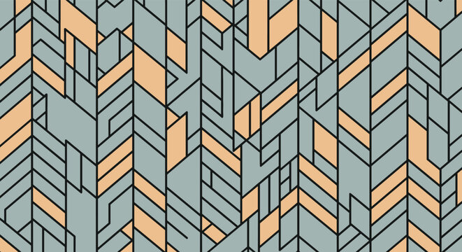 Seamless geometric abstract pattern featuring vertical lines and diagonal shapes in a muted color palette of teal, peach, and charcoal.