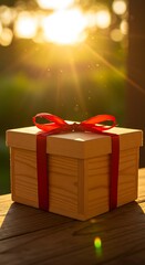 Golden Hour Gift: Wood Box, Red Ribbon, Bokeh Sunshine