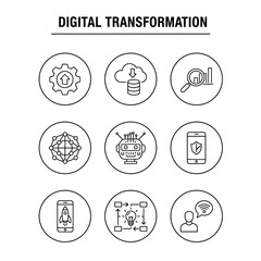 Fototapeta premium Digital transformation concept with nine line icons representing technology, data, AI, cloud, mobile, and innovation on a white background.