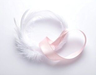 Elegant composition white feathers nestle a pink ribbon in a heart shape, all on white