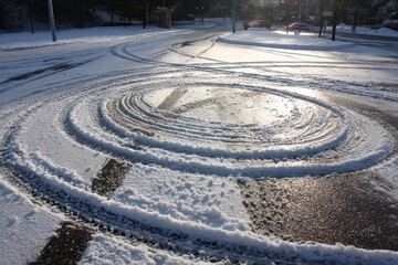 Snowy Ground with Circular Pattern Under Bright Sunlight Winter Outdoor Scene White Snow on Dark Ground Abstract Design Natural Light