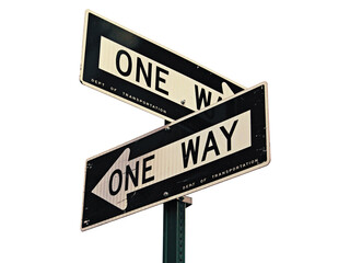 Two "ONE WAY" street signs pointing in opposite directions on a single pole, indicating traffic flow.