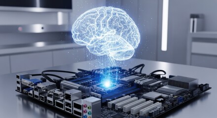 Glowing holographic human brain hovers above a complex electronic circuit board in a modern setting