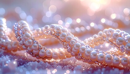 Elegant, close-up shot of a pearl necklace intertwined with sparkling gems. Soft light and bokeh effect