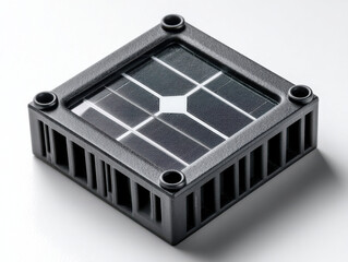 Tiny square black solar panel, compact photovoltaic cell, modern technology, clean energy, isolated on white background