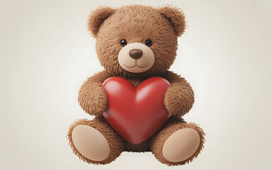 Obraz premium Teddy Bear Holding a Glossy Red Heart: Cute Plush Toy Isolated on White for Valentine's Day and Romance