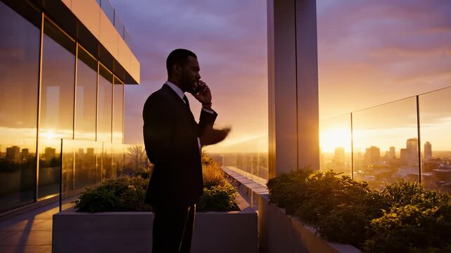 Elegant Businessman Discussing Business on Mobile Phone From Skyscraper Rooftop at Sunset - Powered by Adobe