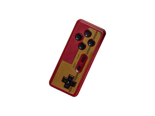 Red and gold retro-style video game controller with D-pad and action buttons, isolated on a white background. © yeri