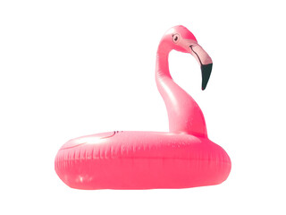 A vibrant pink inflatable flamingo pool float isolated on a clean white background, ready for summer fun. © yeri