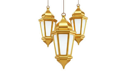 Three ornate gold lanterns hanging against a white background