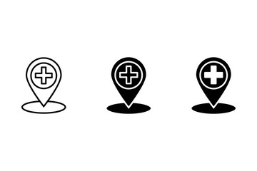 hospital location map pointer, cross icon with location pin, black filled symbol isolated on white background, vector marker, first aid sign	
