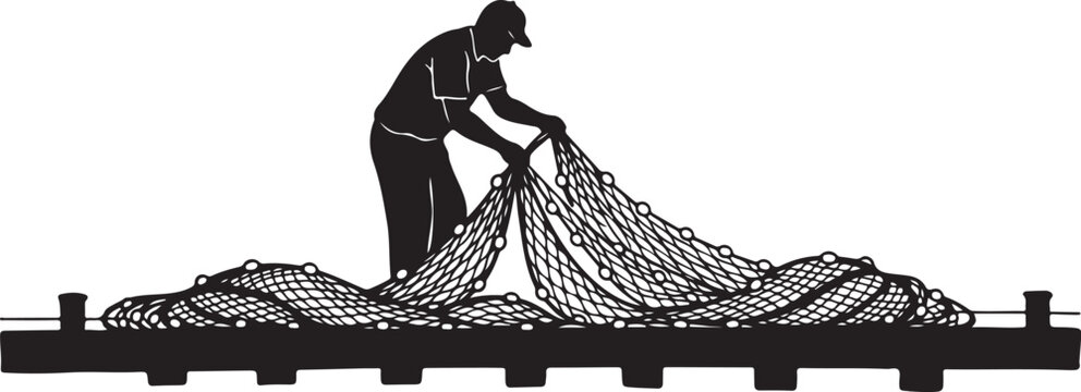 Man repairing fishing net on dock in black silhouette