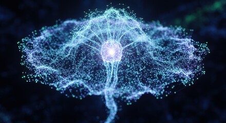 Abstract digital representation of a luminous neural network structure glows in darkness