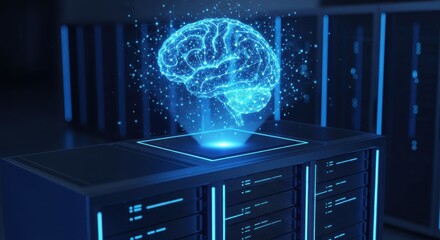 Holographic representation of a glowing digital brain hovers above a sophisticated computer server rack.