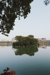 Obraz premium Serene Lake with Tree Reflection and Overhanging Branches, West Lake in Huizhou, Guangdong Province, Asia China, is a tourist attraction featuring ancient architecture