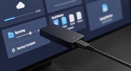 Minimalist black electronic device connects via cable to a screen displaying data synchronization status