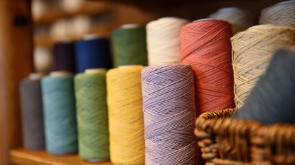Colorful spools of thread arranged on a shelf in a craft store setting