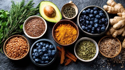 Vibrant Superfood Flatlay Featuring Blueberries Quinoa Avocado and Ginger with Dark Background and Natural Light