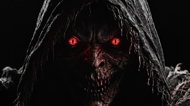 A terrifying dark hooded demon with blazing fire eyes emerges from the shadows, an ominous satanic entity embodying pure evil and dread, a harbinger of fear and doom