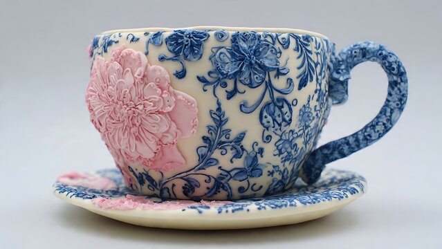 Oversized Cake Shaped Like Delftware Tea Cup with Floral Decor and Blue Patterns