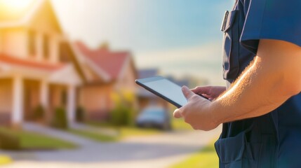 Police officer utilizing digital tablet for law enforcement duties and community engagement.