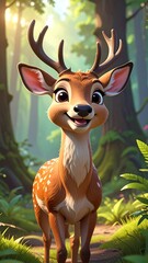 Animated deer with large eyes and antlers, smiles in a sunlit forest. Lush green foliage surrounds the cute creature, on a pathway