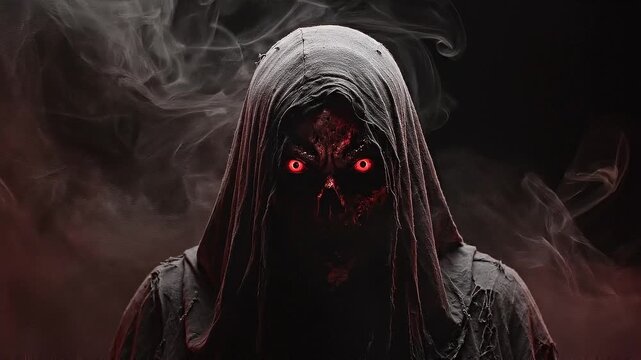 A terrifying hooded demon with eyes blazing like infernal fire, embodying the dark essence of satan and emanating pure malevolence in a smoky abyss
