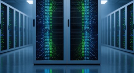 Rows of tall computer equipment cabinets line a digital data center corridor with glowing information streams