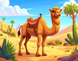 Animated depiction of a camel standing in a sandy desert environment with cacti, palm trees, mountains, and a blue sky with fluffy clouds