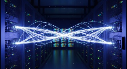 Electronic data streams illuminate the interior of a modern, dark equipment storage facility.